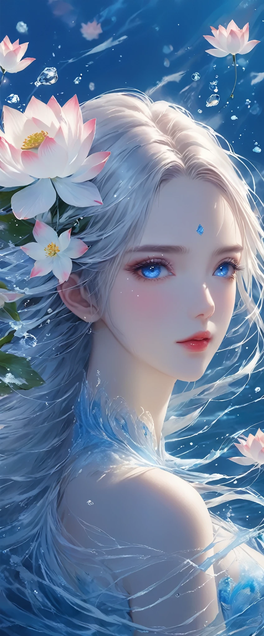 Seven part photos, masterpiece, best quality, Official Art, Extremely detailed CG 8k wallpaper,(Flying petals)(Detailed ice) , water晶质感皮肤, Cold expression, White hair, Long hair, Messy hair, blue eyes, Looking at the audience, Extremely refined, water, ((Beautiful and delicate eyes)), Very detailed, light,((Pretty Face),fine water surface, (Original figure painting), Very detailedSeven part photos, masterpiece, best quality, Official Art, Extremely detailed CG 8k wallpaper,(Flying petals)(Detailed ice) , water晶质感皮肤, Cold expression, White hair, Long hair, Messy hair, blue eyes, Looking at the audience, Extremely refined, water, ((Beautiful and delicate eyes)), Very detailed, light,((Pretty Face),fine water surface, (Original figure painting), Very detailed, Very detailed, (Extremely refined), Beautiful and delicate eyes,