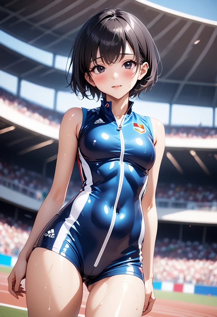 Women's Olympians,(((Player uniforms), (Shiny costumes))), (belly button), skindentation, skinny, alone, 1 female, masterpiece, Highest quality, Highest quality, 16K, Unbelievably absurd, Very detailed, 2.5D, AI-generated, delicate and dynamic, Very delicate look, Delicate eye depiction, erotic, only sexy woman, ((Cute and gentle face)), Healthy body shape, ((25-year-old woman)), Swaying bust, ,Black Hair (short hair), Bobcut, black eye, blush, Sweat,Embarrassing,sexy, ((Thin thighs)), (Camel Toe:0.7), (Nipples are visible:0.5), (Erect nipples,:0.7), Shiny, Facing directly at the viewer, (((In the heat))), ((Oily_skin)), ((Dutch Angle)), ((erotic pose)),, Athletics stadium and Olympic venue on a sunny day,