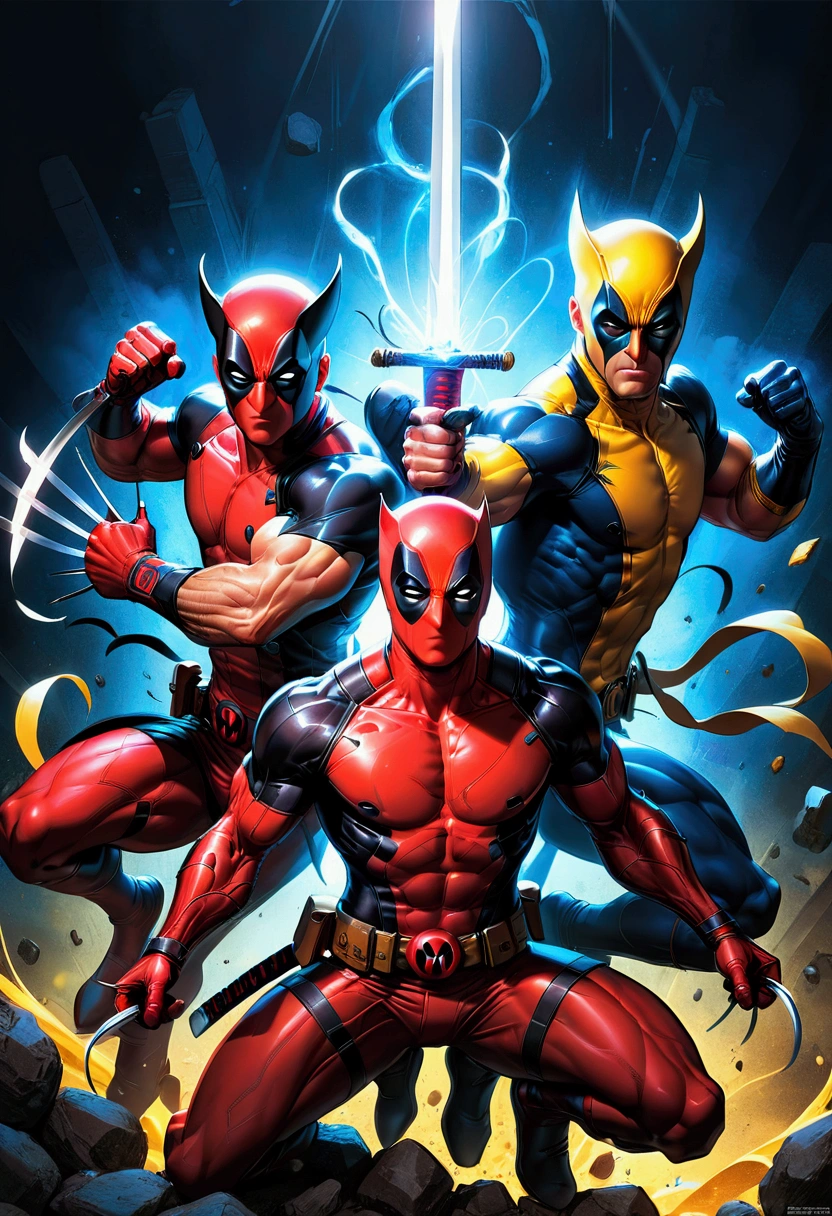 2boy, Deadpool & Wolverine, a muscular man in a red and black costume with swords, a shorter man with claws in a yellow and blue costume, fighting, dynamic action pose, cinematic lighting, hyper detailed, 4k, (8k,highres:1.2), ultra-detailed, HDR, UHD, studio lighting, ultra-fine painting, sharp focus, physically-based rendering, extreme detail description, professional, vivid colors, bokeh, comic book style, dynamic action scene, masterpiece, best quality, very aesthetic, absurdres