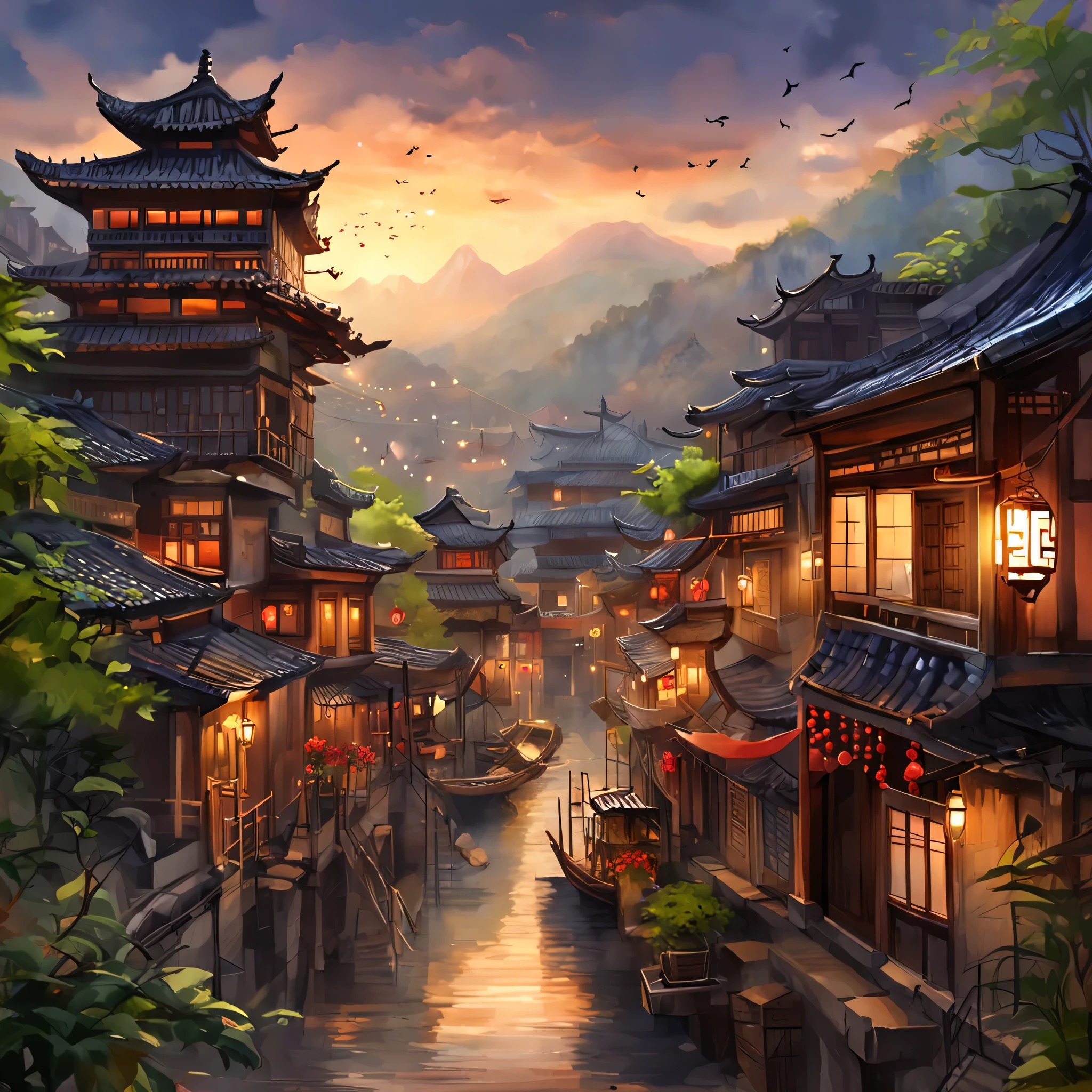 Araf landscape of the village，There are many lights on the building, Dreamy Chinatown, China Village, Amazing wallpapers, A Japanese town, Japanese Village, Surreal photos of towns, old asian village, Japanese cities, Written by Raymond Han, Rainy Night, Cyberpunk Chinese Ancient Castle, Brightly lit building, Rainy evening, beautiful and aesthetic, photography, Movie, 8K, High Detail ((Heavy rain)))