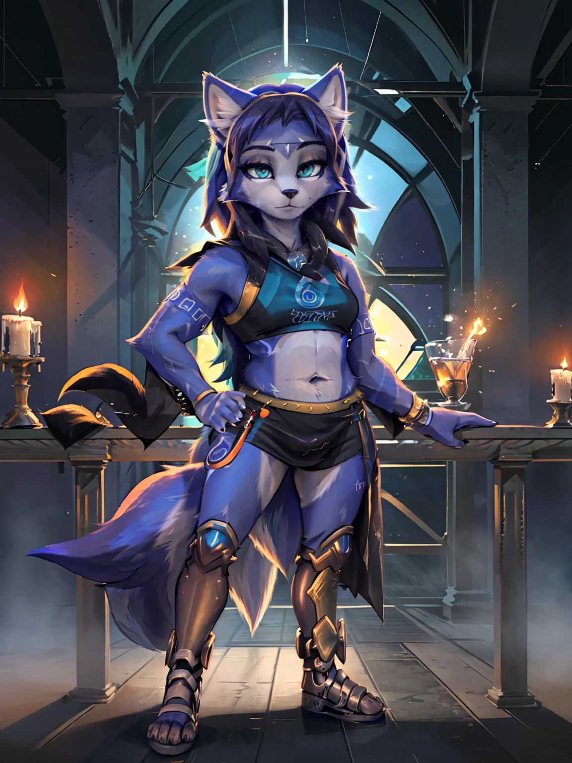 A beautiful and detailed (sweet picture) wa ((krystal)), Star Fox Krystal,  green eyes, medium breasts, (((Long blue hair 1.3))),  anthro, furry, (wa Fluff-Kevlar, Bayard Wu, personalize me, Pino Daeni),  detailed fluffy fur, detailed face, (fluffy), 1 girl, alone, hair cover one eye:1.4, wears tribal clothing with leather armor, wears tribal top with leather armor, steht in der großen halle wa hogwarts:1.4, (((she stands next to severus snape:1.3)))