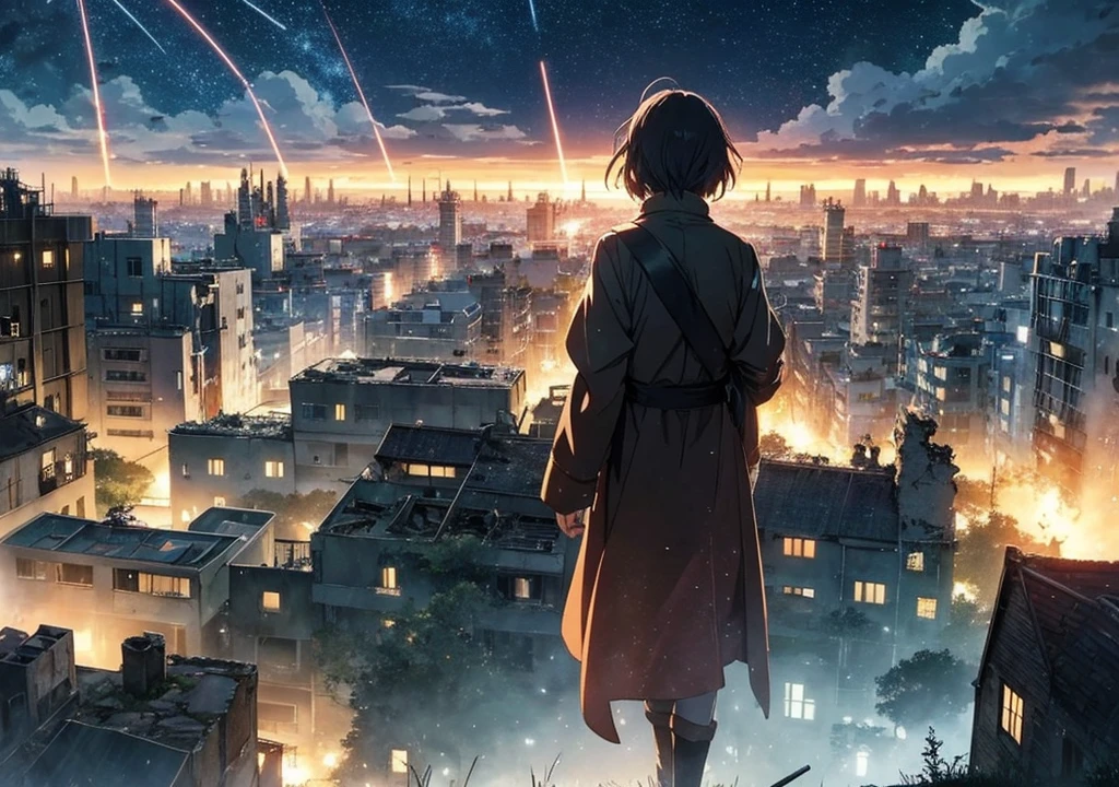 [anime　Ghibli style]The ruined city、The city is devastated by the battlefield and the lights are out。Standing in the palm of a giant robot、Back view of a 。The background is night、The rain is falling sadly。The stars are shining in the night sky。I want to create an image that goes well with ambient music.。