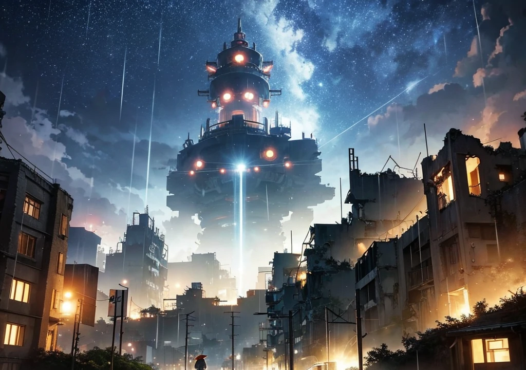 [anime　Ghibli style]The ruined city、The city is devastated by the battlefield and the lights are out。Standing in the palm of a giant robot、Back view of a 。The background is night、The rain is falling sadly。The stars are shining in the night sky。I want to create an image that goes well with ambient music.。