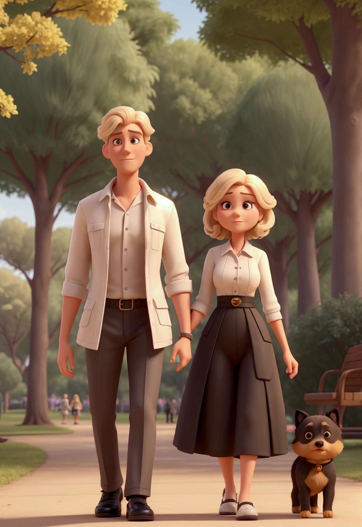 A woman with medium blond hair and black eyes, a tall man with very low hair. They wears beautiful summer cloths and shoes. Walking set in the park with a little black Pomeranian dog with a white belly in a park. Disney/Pixar 3d.