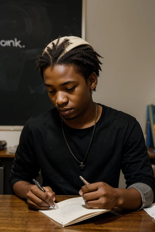 image of a young black writer at his work table thinking with a speech bubble on his head