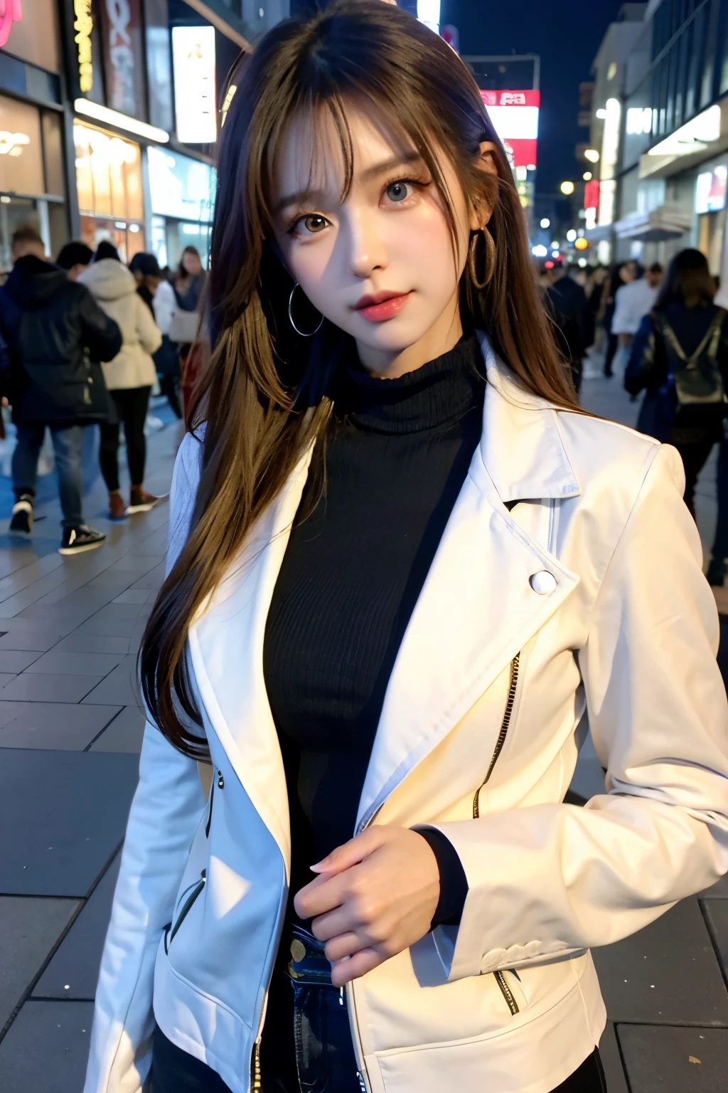 Best Quality)), ((masterpiece)), (detailed), 1 girl, korean, student, long blonde hair, defined nose, beautiful eyes, green eyes, cadena de joyería slim, I said from the heart, blond hair, Ear piercings, slim, medium breasts, 20 years, beautiful legs, evening, outside a cafe, streets of Japan, evening, pink glitter in hair, White skin, long white jacket, long leather jacket, black shirt, long black blouse, Tokyo cafe, he would be, evening, Whole body. korean style, Medium height girl. . pink lips. head on. ((vista head on))