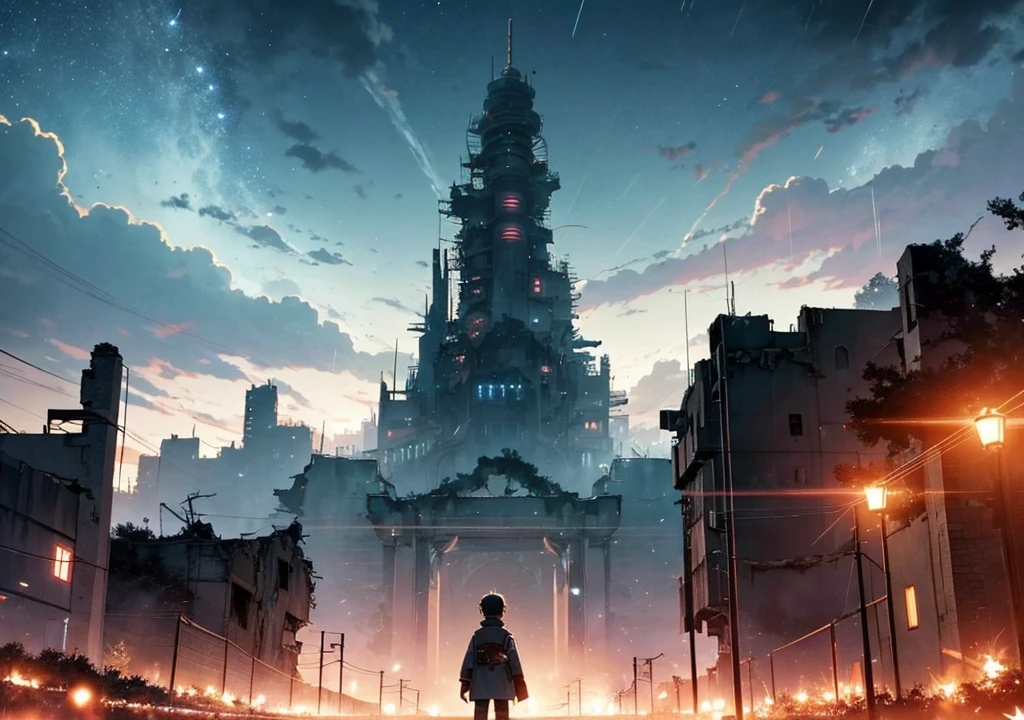 [anime　Ghibli style]The ruined city、The city is devastated by the battlefield and the lights are out。Standing in front of a huge, cool robot、Back view of a 。The background is night、The rain is falling sadly。The stars are shining in the night sky。I want to create an image that goes well with ambient music.。