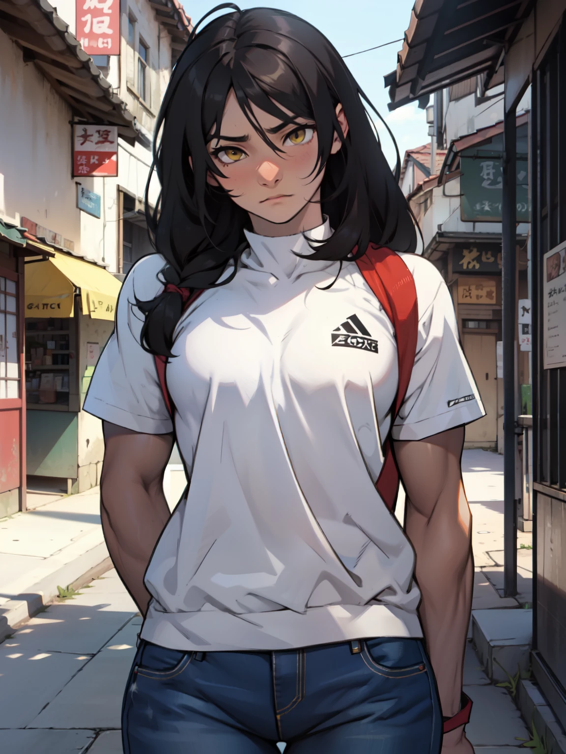 athletic build massive breasts pale skin black hair yellow eyes sad frown long hair