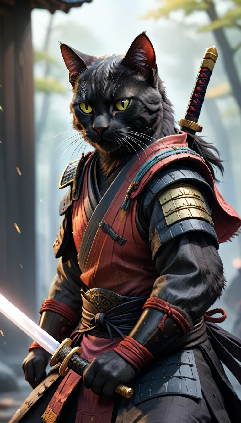 (Close-up Cinematic),Samurai Cat, battlefield,  2D, colorful, Bright atmosphere,Holding a sword,Black cat