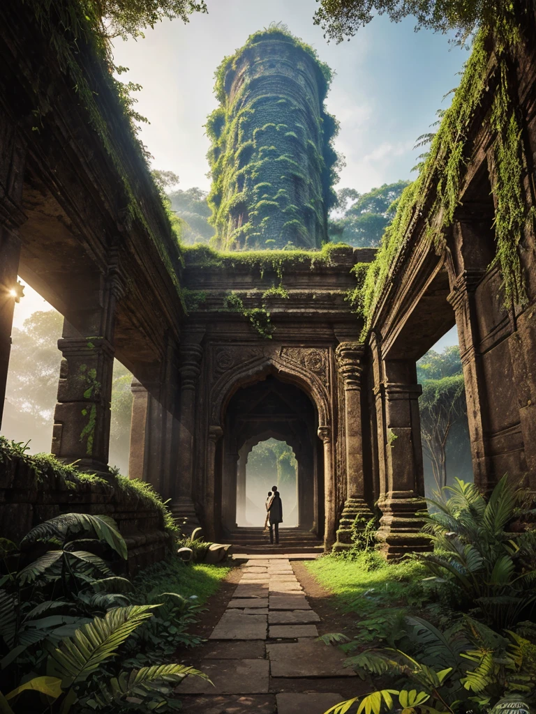 "Design a book cover for 'Journey Through the Unknown' by Siddheswar Mahanand. Set in a dense Amazon jungle, the background features lush greenery and an ancient, overgrown stone structure with intricate carvings. In the foreground, silhouettes of characters (Rohan, Maya, Anil, Zara, Dr. Neil) explore the ruins, exuding curiosity and adventure. The title, 'Journey Through the Unknown,' should be bold and prominent, with the author’s name below it. Use rich earthy tones and lighting effects to evoke a sense of mystery and exploration."