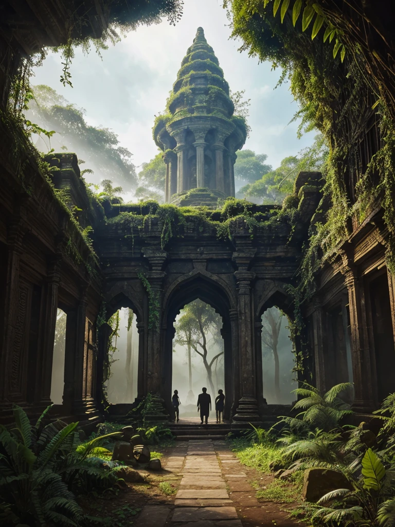 "Design a book cover for 'Journey Through the Unknown' by Siddheswar Mahanand. Set in a dense Amazon jungle, the background features lush greenery and an ancient, overgrown stone structure with intricate carvings. In the foreground, silhouettes of characters (Rohan, Maya, Anil, Zara, Dr. Neil) explore the ruins, exuding curiosity and adventure. The title, 'Journey Through the Unknown,' should be bold and prominent, with the author’s name below it. Use rich earthy tones and lighting effects to evoke a sense of mystery and exploration."