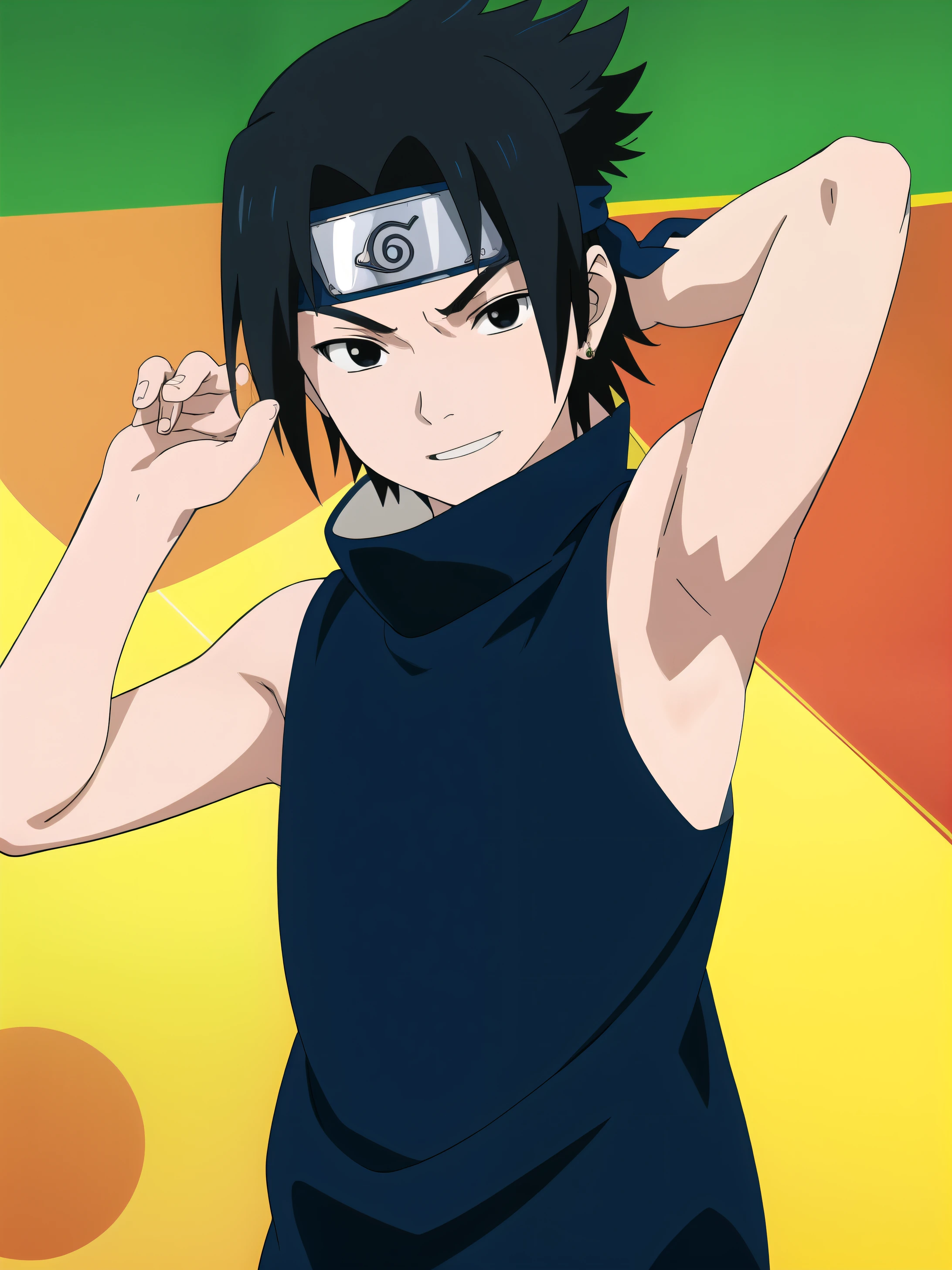 Highres, Masterpiece, Best quality at best,Best Quality,hight quality, hight detailed, Anime style, 1boy, Boy, Shota, Solo person, uchiha sasuke, black hair, black eyes, forehead protector, blue shirt, young boy, Sleeveless shirt, bare shoulder, day, Slim body, smile, earring, Body, Simple beckground, Seen from the front, ******, (Showing armpit:1.3), (**** young boy), (Very small and short body), uhd, bokeh