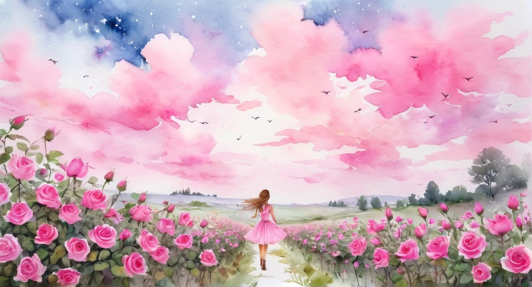 Watercolor、Watercolor Art、A field of pink roses、Beautiful sky、pink、One Girl、PRİNCESS