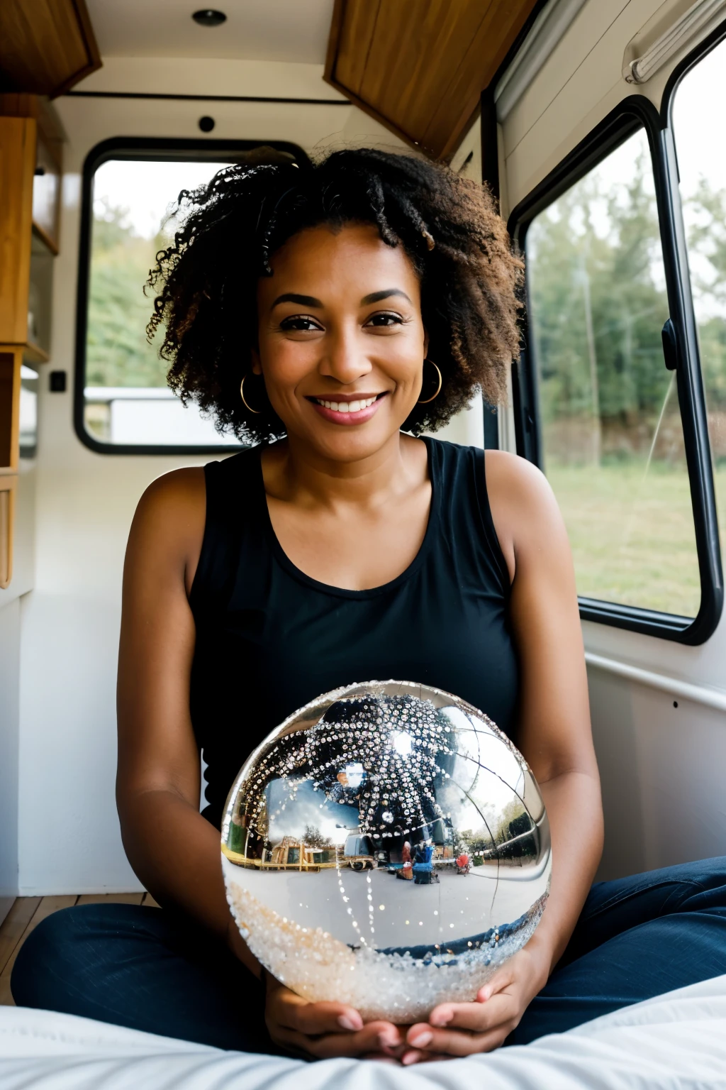 black mixed race woman 50 years old with a crystal ball in a camper van