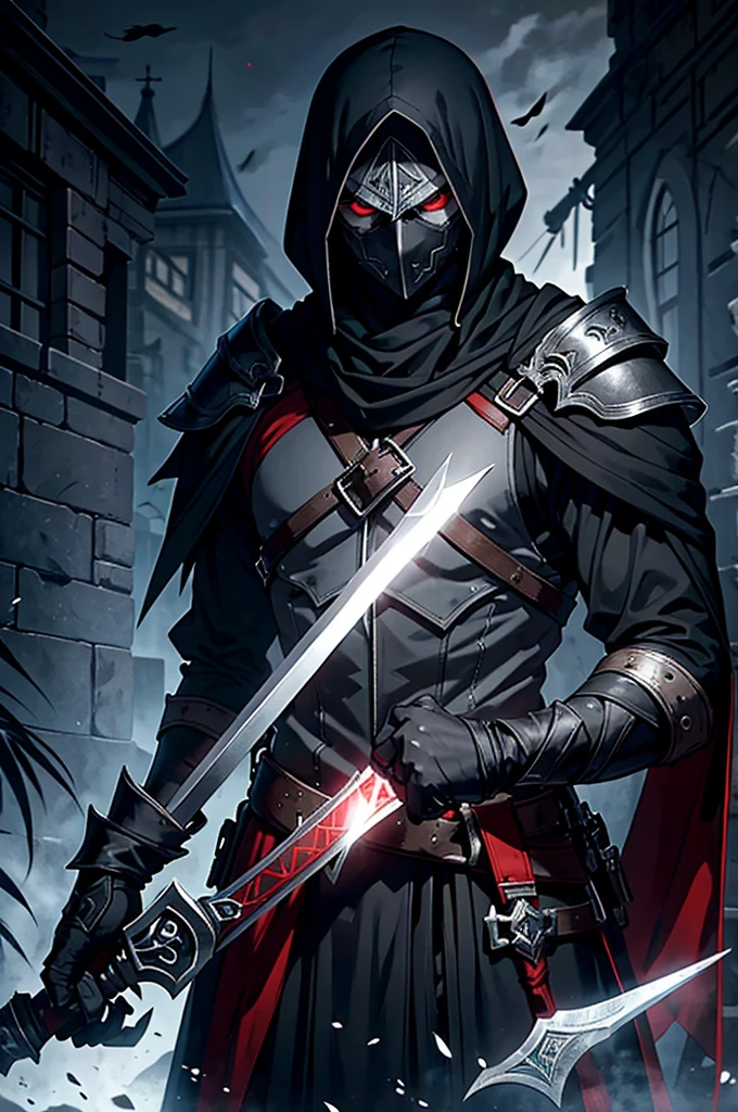 An assassin, male, fantasy character, physically strong, wearing a skull mask covering his face and eyes, dressed in black medieval attire, gray hair, short hair, red eyes, holding a dagger, nighttime background.