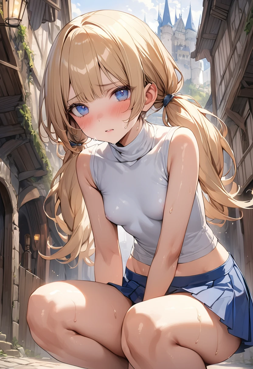 ((masterpiece,Highest quality:1.3,best quality illustration)),realistic,cowboy shot,(Mature Beauty),独奏,1woman,((very small head:1.4)),((ideal ratio body proportions:1.3)),blonde hair,twin tails,straight long hair,bangs,gorgeous eyes,Blue eyes,shy,(white knitwear、turtleneck,No sleeve,navel、Blue pleated mini skirt),((slender body,skinny)),small breasts,gleaming skin,shiny skin,sweat,squatting,Back Alley、castle town、Medieval Europe,