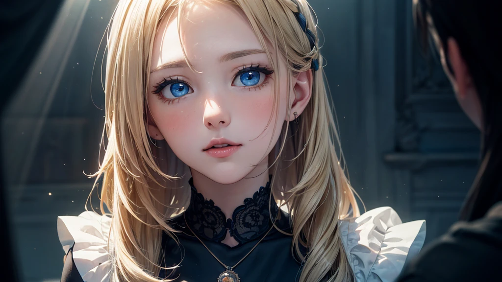 masterpiece),(top-quality:1.2),1girl in,(masuter piece:1.3),exquisitedetails, Highest quality 8K resolution, Ultra-detailed, Realistic, Vibrant colors, Soft tones, With warm and gentle lighting,(Smooth straight blonde hair:1.2),(Hair parted in the middle:1.3),(Glowing hair),(Dark blue eyes:1.3),White skin, hair clips,Small necklace,A gentle feeling overflows,The sun's rays illuminate joy and pure love, Warm golden glow, Ultra-detailed depiction and vivid colors,A style that combines romanticism and realism,depth of love,color palettes,Create an ethereal atmosphere like a dream,Lighting is soft and diffused,masterpiece artwork,light light on the face, the girl is in love with you, She looks into your eyes, ((Full-length image of a girl)), lace stockings