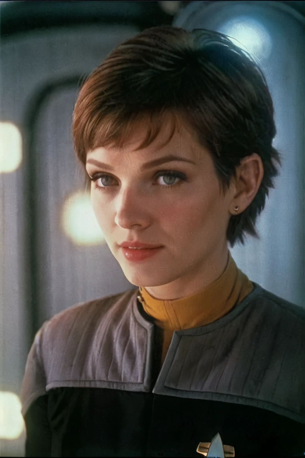 m1ll4j0v0v1ch, short pixie cut brunette hair. in (ds9st operations:1.2). looking at the viewer. in a sci fi space station. bokeh.(closeup)