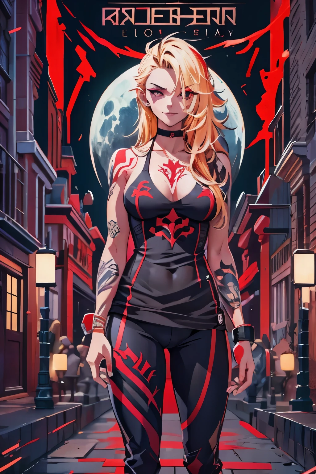 woman with long light blond, streaked with lots of red highlights, hair with two colors (blond and red) , big red bloody eyes, she wears social clothes and have a lot of ((tattoos on her body)). She is smiling like a villain,, big evil smile, with a moon tattooed on her face, she is on a dark city scenery, symmetrical face, ((symmetric eyes)), high contrast, digital art trend on Artstation 8k HD high definition detailed realistic , hiper detalhado,
