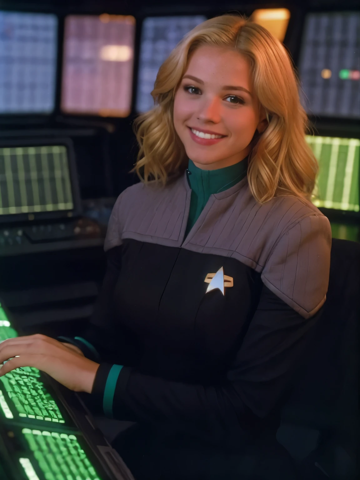 young woman in ds9st science uniform. adorable smile. blonde hair. looking at the viewer. in a apace station control room. bokeh.prettify PA7_Photo.