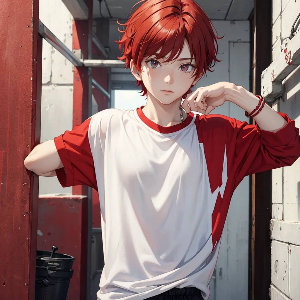 red hair boy, completely white eye, white and red shirt, white and red bracelet 