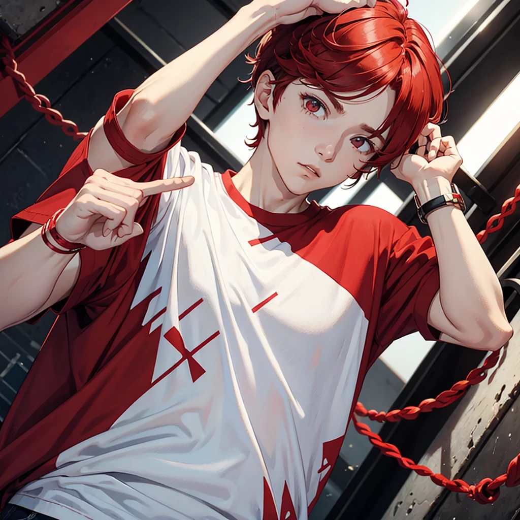 red hair boy, completely white eye, white and red shirt, white and red bracelet