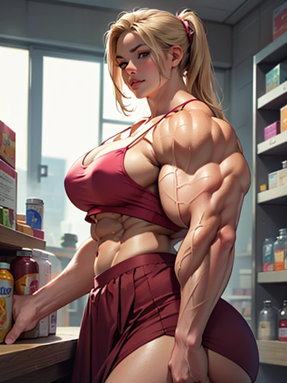 (masterpiece, realistic, detailed:1.2), young girl, ordering at a medicine shop, (hypermuscle:1.6), (young, ager), long straight blonde hair, pink bralette, realistic face, (shy expression:1.2), (small waist, massive thighs, gigantic ass:1.2), (detailed face, beautiful face, realistic face), pigtails, pink skirt, (huge lips)