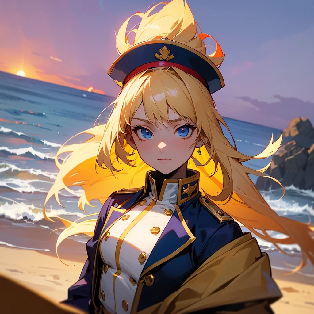 "A historical portrait scene featuring an anime-style female character with blonde hair and blue eyes, wearing a Napoleonic-inspired uniform in navy blue with gold details. She has a confident expression and holds a piece of wood, drawing in the sand on a beach at sunset. Two officers observe in the background, with a dramatic sky in shades of orange and purple. Focus on the face and upper torso, anime style with vibrant colors and refined details."