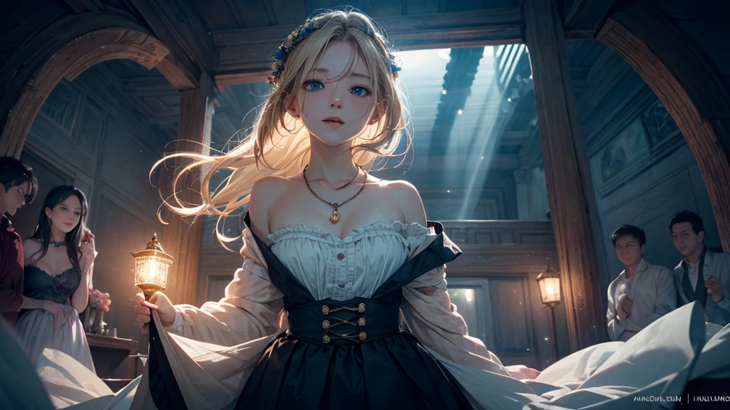 masterpiece),(top-quality:1.2),1girl in,(masuter piece:1.3),exquisitedetails, Highest quality 8K resolution, Ultra-detailed, Realistic, Vibrant colors, Soft tones, With warm and gentle lighting,(Smooth straight blonde hair:1.2),(Hair parted in the middle:1.3),(Glowing hair),(Dark blue eyes:1.3),White skin, hair clips,Small necklace,A gentle feeling overflows,The sun's rays illuminate joy and pure love, Warm golden glow,The atmosphere is full of happiness and laughter, As if celebrating love,Ultra-detailed depiction and vivid colors,A style that combines romanticism and realism,depth of love,color palettes,Create an ethereal atmosphere like a dream,Lighting is soft and diffused,masterpiece artwork,light light on the face,