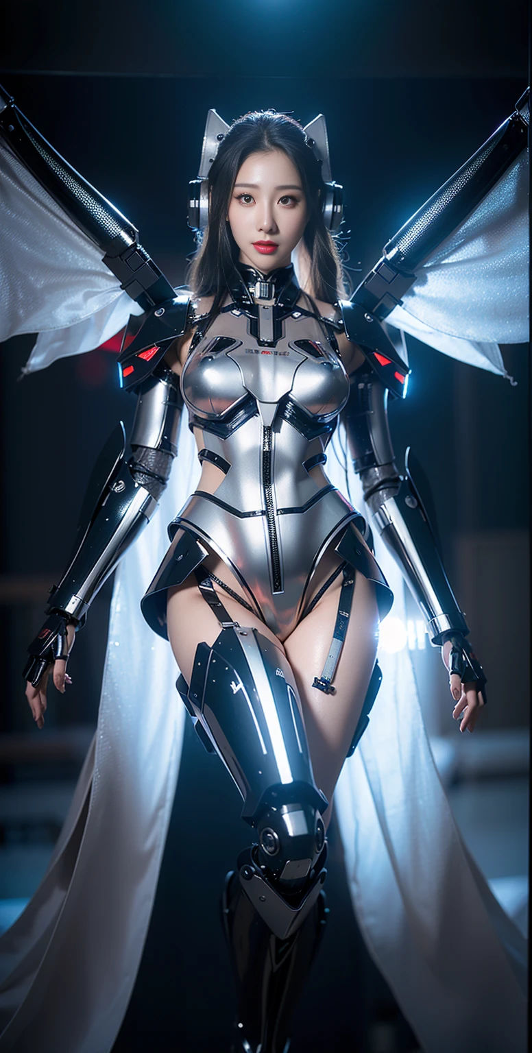 Super Detail, High Detail, high quality, best quality, High resolution，a female robot，Beautiful female robot,beautiful clear face(Rain waves_haneame：1.5)，mechanical body(whole body，body curve，Large size chest)，silver machine armor(Heavy，Full of mechanical feel)，high tech，Military