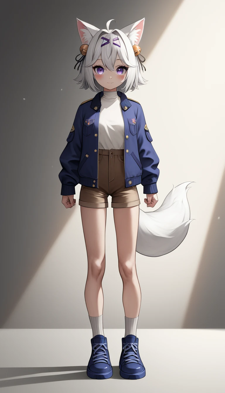 UHD, masterpiece, anatomically correct, high details, high quality, best quality, highres, sharp focus, midnight, ((studio lighting)), front light, full body light, well-lit face, soft light, diffuse light, shade, no shadow, standing up, 1girl, solo, filian, fox tail, cat ears. white hair, short hair, ahoge, hair clip, hair bell, (big eyes), [purple eyes], blush, closed mouth, light smile, small breast, ((blue peacoat jacket)), brown striped short shorts, brown striped knee socks, blue shoes, slim arms, slim legs, Eye-Level shot, full body pose, innocent pose, front view
