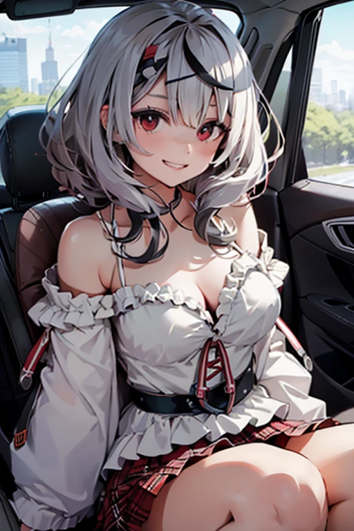 sakamata chloe,One woman、Sitting in the passenger seat of the car, looking at me、Sitting with legs crossed、I can see your pants、Seductive smile、Red Eyes、White ruffled top、red and black checkered skirt、Show your chest、（high resolution）、（Highest quality、masterpiece、8k）
