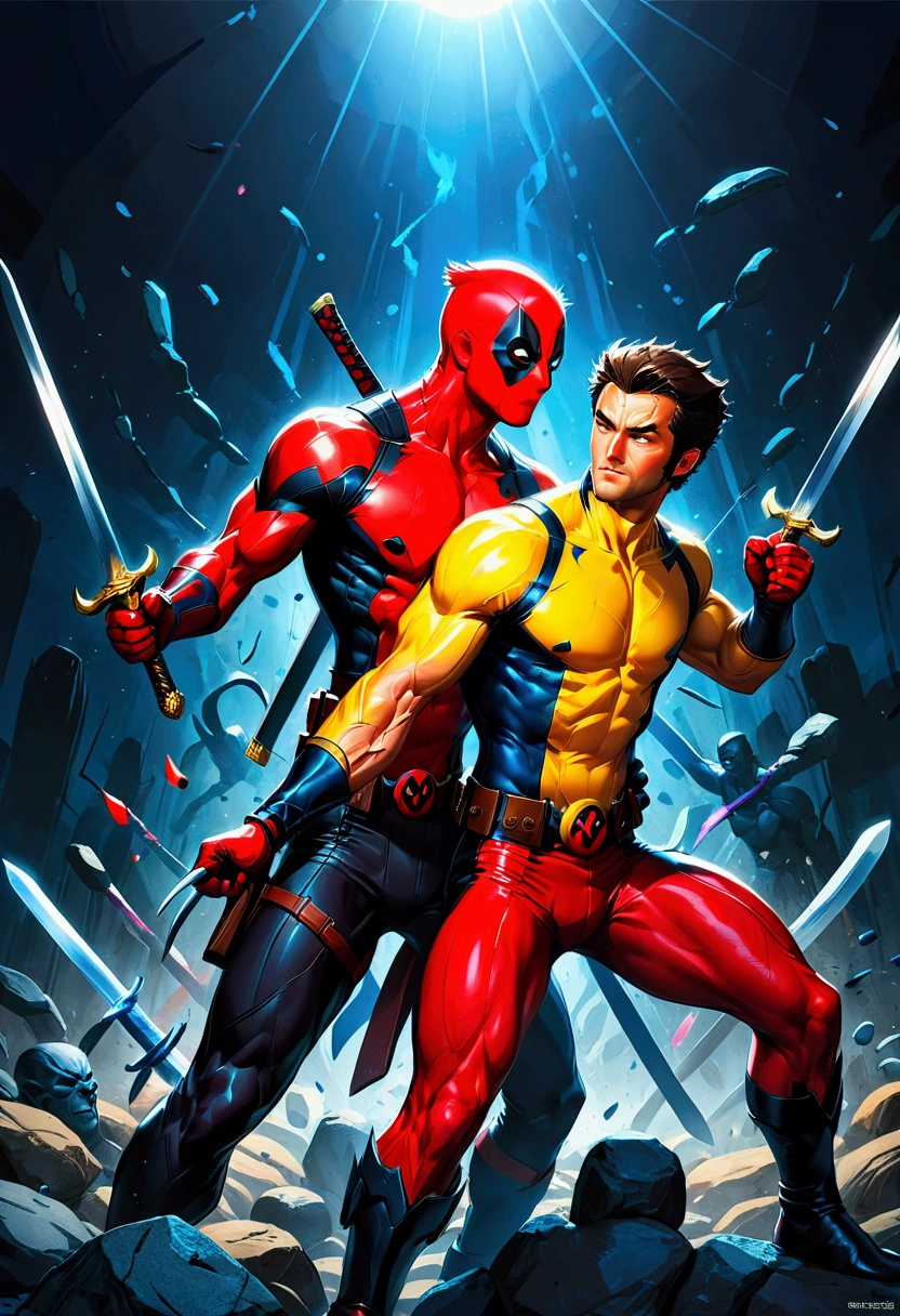 2boy, Deadpool & Wolverine, a muscular man in a red and black costume with swords, a shorter man with claws in a yellow and blue costume, fighting, dynamic action pose, cinematic lighting, hyper detailed, 4k, (8k,highres:1.2), ultra-detailed, HDR, UHD, studio lighting, ultra-fine painting, sharp focus, physically-based rendering, extreme detail description, professional, vivid colors, bokeh, comic book style, dynamic action scene, masterpiece, best quality, very aesthetic, absurdres