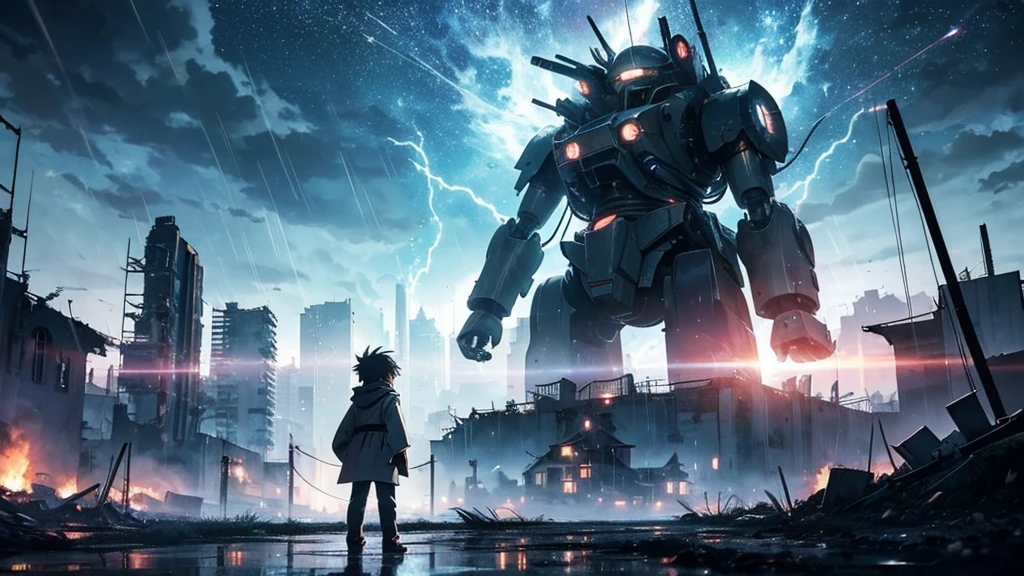[anime　Ghibli style]The ruined city、The city is devastated by the battlefield and the lights are out。Right in front of a huge, cool robot、Back view of a 。The background is night、The rain is falling sadly。The stars are shining in the night sky。I want to create an image that goes well with ambient music.。
