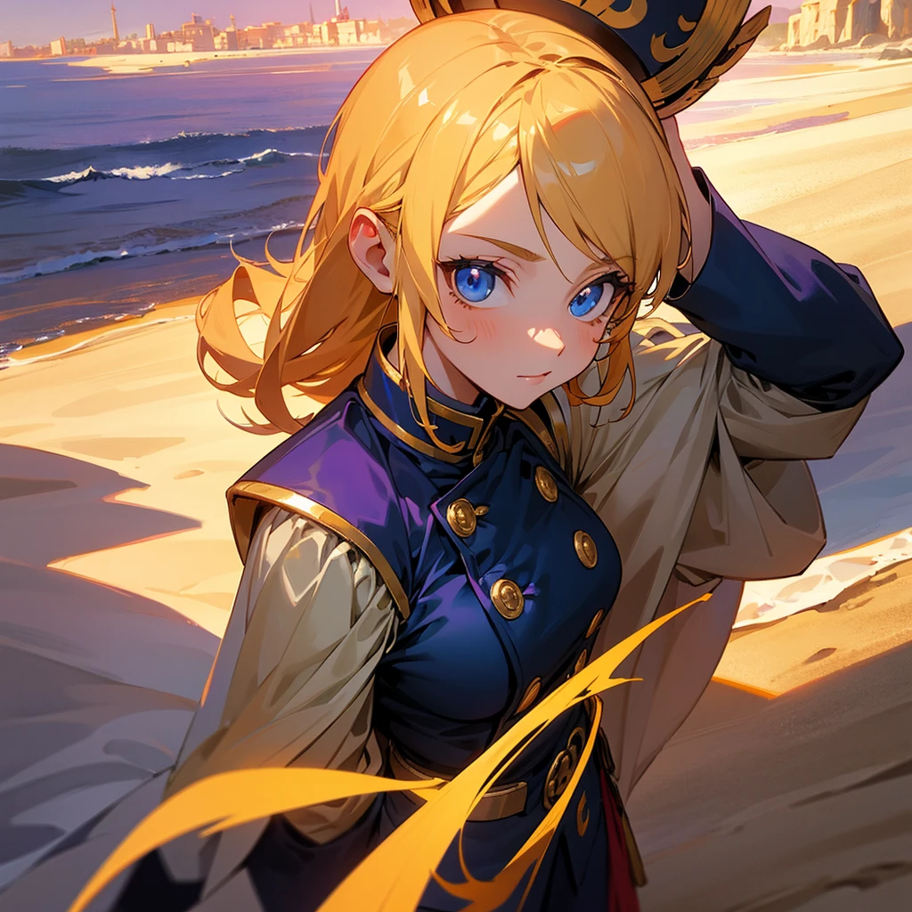 "A historical portrait scene featuring an anime-style female character with blonde hair and blue eyes, wearing a Napoleonic-inspired uniform in navy blue with gold details. She has a confident expression and holds a piece of wood, drawing in the sand on a beach at sunset. Two officers observe in the background, with a dramatic sky in shades of orange and purple. Focus on the face and upper torso, anime style with vibrant colors and refined details."