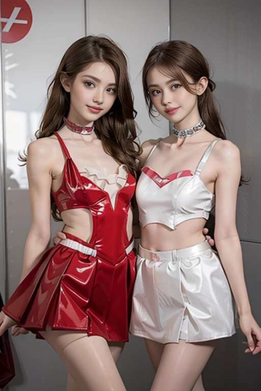 two 18 year old tween girls trying on cute clothes, two close friends, colored hair, collar, skinny body, detailed pupils, beautiful face, perfect faces like young asian models, tattoo, touching each other, back straps, innocent expression, enticing, full body showing legs, garter with stockings, good lighting, high heels, cute glasses, kawai cosplay girls, strapped colored dresses with cutouts slits, bright playful, thin model, cute young teen girls