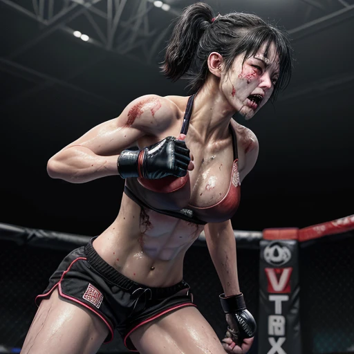 two bloody beautiful young Japanese female fighters are fighting by dynamic punchs in the octagon ring. Blood is dripping from her nose. She is covered in scars and bruises. she is damaged terribry. Short-cut black hair, out of breath, drooling from mouth, crying, exhausted, drenched in sweat. Muscularity. Six-pack abs. Erect nipples. sports-bra, bikini shorts, open finger glove.