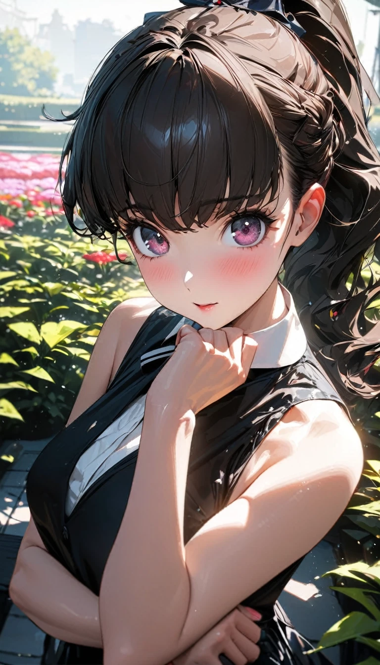 One person, Adult Women, Ultra-high resolution, 超detailed, Highest quality, 8k,((Highest quality)), ((masterpiece)), (detailed),Face direction(front),Hair Color(Bright light black,Fine hair quality), Hairstyle(Neat ponytail), background(garden,),eye(きれいなeye元), clothing(high school girl),expression(Exquisite features depicting a perfect face),Body Type(model,Glamorous),Perfect hands,The perfect woman, Dramatic Shadows, Japanese, Cute pose, Anime characters,Persona 5(Kasumi Yoshizawa) , new gymnast