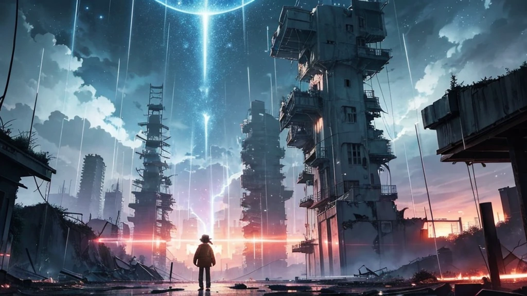 [anime　Ghibli style]The ruined city、The city is devastated by the battlefield and the lights are out。Right in front of a huge, cool robot、Back view of a little boy。The background is night、The rain is falling sadly。The stars are shining in the night sky。I want to create an image that goes well with ambient music.。