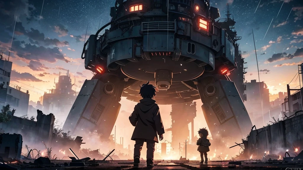 [anime　Ghibli style]The ruined city、The city is devastated by the battlefield and the lights are out。Right in front of a huge, cool robot、Back view of a little boy。The background is night、The rain is falling sadly。The stars are shining in the night sky。I want to create an image that goes well with ambient music.。