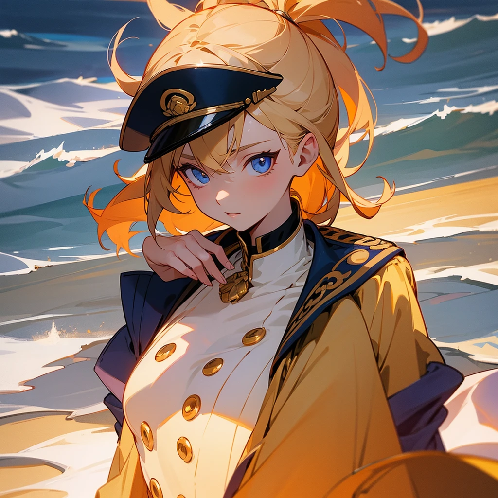 "A historical portrait scene featuring an anime-style female character with blonde hair and blue eyes, wearing a Napoleonic-inspired uniform in navy blue with gold details. She has a confident expression and holds a piece of wood, drawing in the sand on a beach at sunset. Two officers observe in the background, with a dramatic sky in shades of orange and purple. Focus on the face and upper torso, anime style with vibrant colors and refined details."