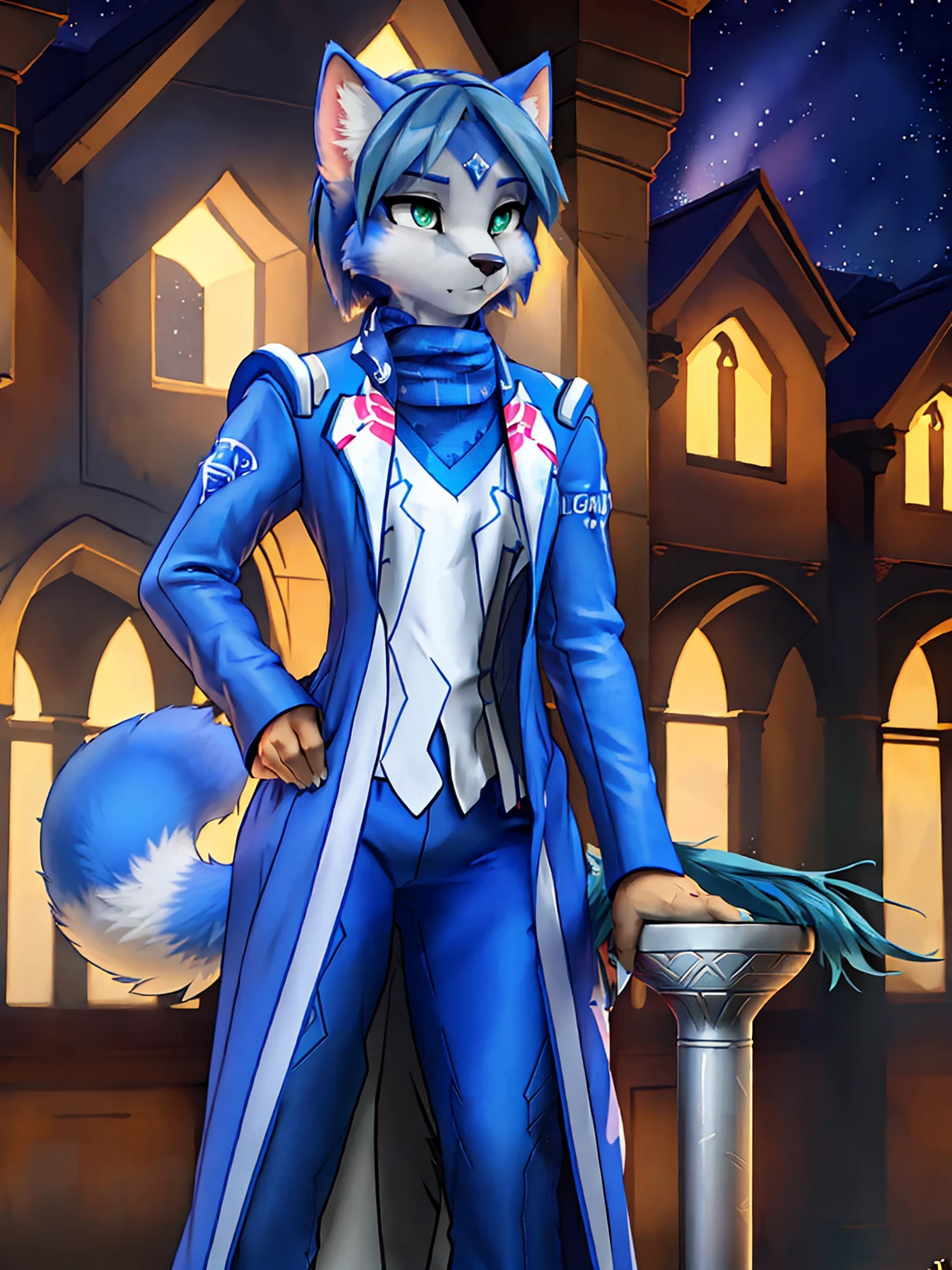 A beautiful and detailed (sweet picture) wa ((krystal)), Star Fox Krystal,  green eyes, medium breasts, (((Long blue hair 1.3))),  anthro, furry, (wa Fluff-Kevlar, Bayard Wu, personalize me, Pino Daeni),  detailed fluffy fur, detailed face, (fluffy), 1 girl, alone, hair cover one eye:1.4, wears tribal clothing with leather armor, wears tribal top with leather armor, steht in der großen halle wa hogwarts:1.4, (((she stands next to severus snape:1.3)))