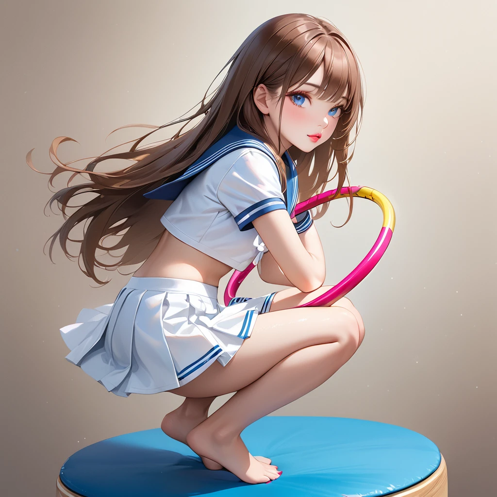 Highest quality, masterpiece, Ultra-high resolution, Realistic:1.2, RAW Photos, Intricate details, Portraiture, Big beautiful blue eyes:1.2, Perfect contours, Girl, break ((full body:1.2, facing viewer, from side:1.2, upturned eyes:1.2)), ((petite, short, tiny girl:1.2)), Brown Hair、Long Hair, (makeup:1.2, parted mouth, full lips:1.3, pink lips:1.2, shiny lips:1.2), ((Top class hula hoop player:1.2)), (Sailor suit、mini skirt:1.2, Student's leather shoes), BREAK ((Hold the hula hoop horizontally and place it on your hips:1.2、(My hips are shaking:1.5)、Extend both arms horizontally、Legs close:1.5)), ((School stairs in the background, Several students are walking))、