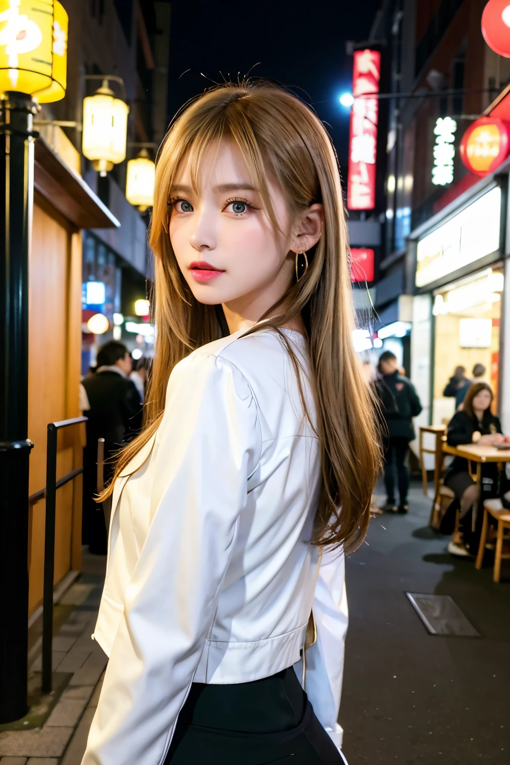 Best Quality)), ((masterpiece)), (detailed), 1 girl, korean, student, long blonde hair, defined nose, beautiful eyes, green eyes, cadena de joyería slim, I said from the heart, blond hair, Ear piercings, slim, medium breasts, 20 years, beautiful legs, evening, outside a cafe, streets of Japan, evening, pink glitter in hair, White skin, long white jacket, long leather jacket, black shirt, long black blouse, Tokyo cafe, he would be, evening, Whole body. korean style, Medium height girl. . pink lips. head on. ((vista head on))