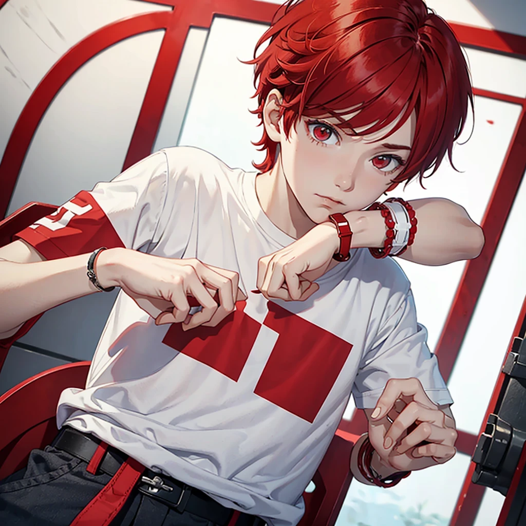 red hair boy, completely white eye, white and red shirt with the letter L, red and white bracelet