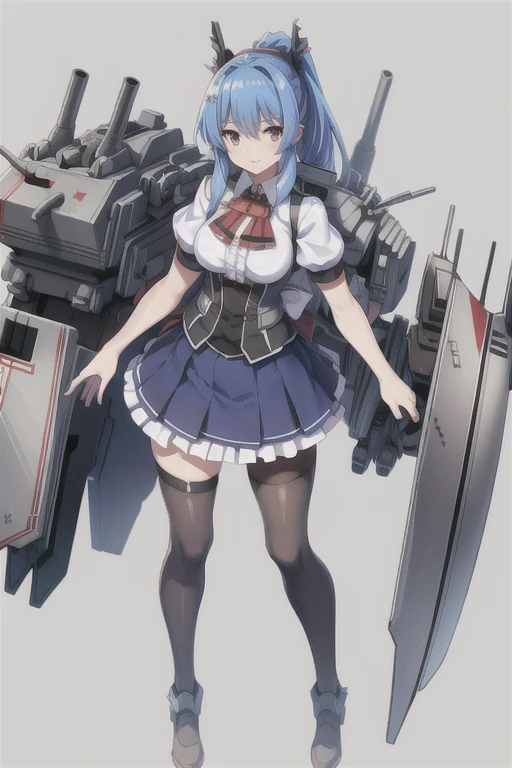 prinz eugen \(warship girls r\),((masterpiece)),(((best quality))),((ultra-detailed)),((illustration)),((disheveled hair)),((frills)),(1 girl),(solo),1girl, blue hair, blue skirt, breasts, brown eyes, brown legwear, cannon, full body, headgear, long hair, looking at viewer, machinery, mecha musume, miniskirt, pleated skirt, ponytail, shirt, short sleeves, skirt, smile, solo, standing, thighhighs, turret, white shirt