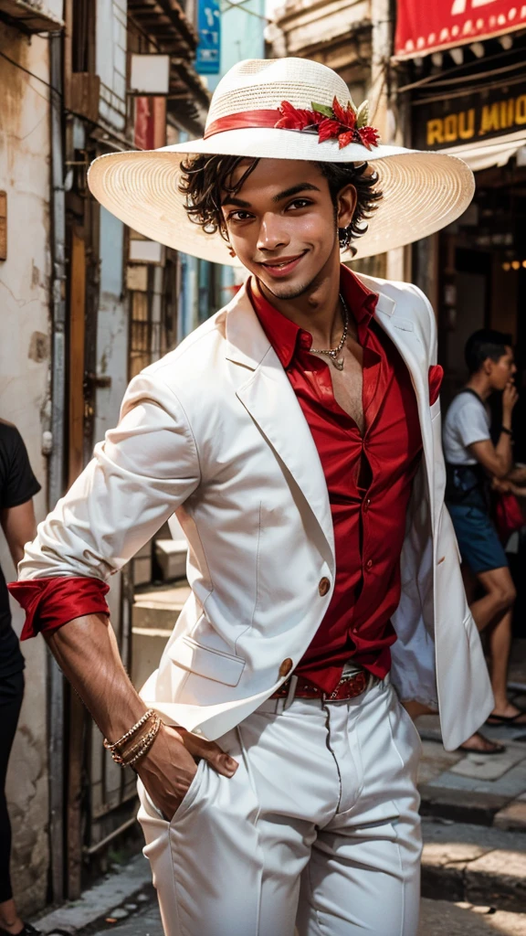 In Lapa (Rio de Janeiro), young man (28), wearing a white suit and white panama hat with red details, cigarette in his mouth, smiling, dancing samba, penetrating gaze, zé pilintra, high quality.
