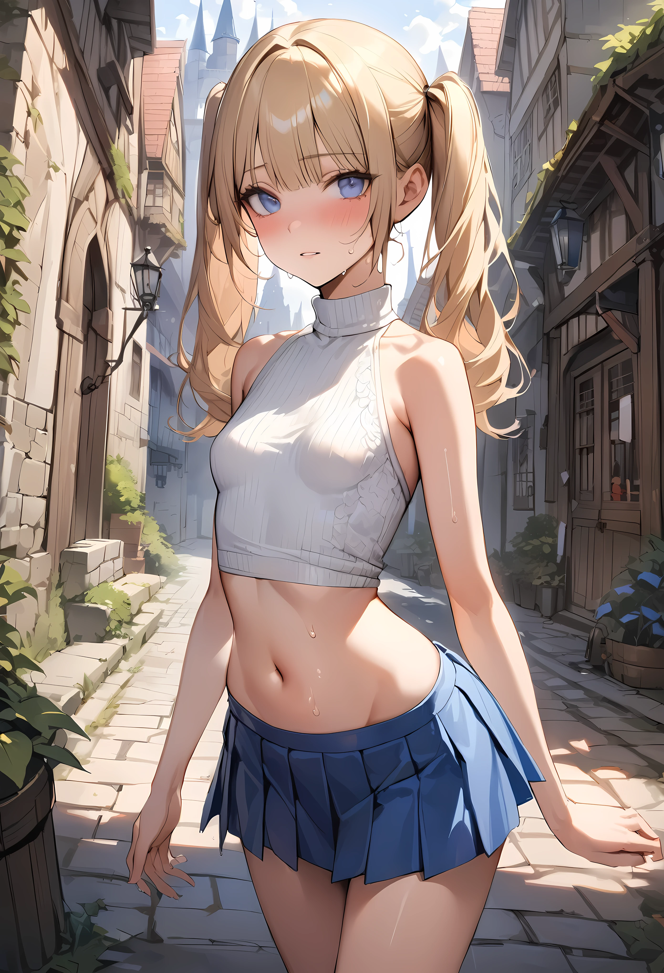 ((masterpiece,Highest quality:1.3,best quality illustration)),realistic,cowboy shot,(Mature Beauty),solo,1woman,((very small head:1.4)),((ideal ratio body proportions:1.3)),blonde hair,twin tails,straight long hair,bangs,gorgeous eyes,Blue eyes,shy,(white knitwear、turtleneck,No sleeve,navel、Blue pleated mini skirt),((slender body,skinny)),small breasts,gleaming skin,shiny skin,sweat,Back Alley、castle town、medieval europe,