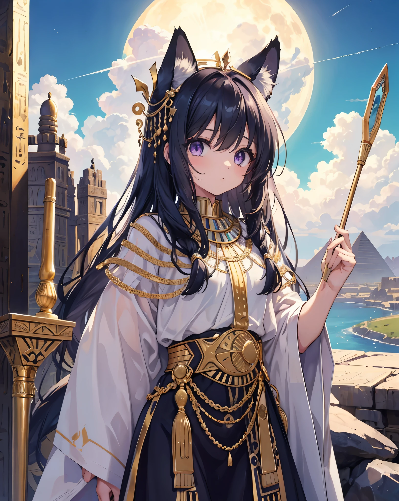Masterpiece, best quality, ultra detailed, HDR, 8k, anime coloring book. A sphinx-inspired girl with long black hair, neko ears, cat tail, purple eyes, detailed eyes. She is like a god. Made up like an ancient Egyptian. make up like an ancient Egyptian. and purple reflexes. sits regally on a desert oasis among ancient Egyptian constructions adorned with hieroglyphs. A warm breeze carries whispers of mystery through the blue sky with little white clouds, sun on the horizon, and a glorious ancient Egypt skyline. Fantastic and beautiful light creates a mysterious atmosphere. Blue sky, some white clouds, Heaven, cliff, mirage, meteorite, moon, and gold accessories enhance the scene. She is the Pharaoh, set in the era of prosperity and wealth along the Nile River with green plantations. Incredible Egyptian epoch scenery. He has a pharaoh's staff, similar to a golden serpent. Wear a gold tiara. Portrait.cowboy shot. Stunning quality.