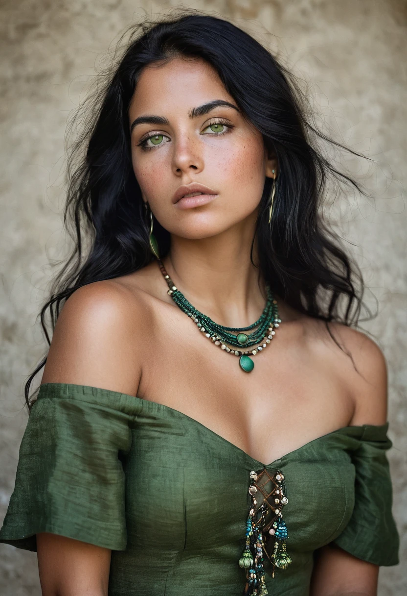 Create a captivating portrait of a voluptuous hispanic woman with green eyes and long, black hair, she is standing. She has a fair complexion adorned with delicate freckles, and her expression is contemplative, reflecting a moment of deep thought. She wears a dark-colored, Miko clothing , with deep neck linen, complemented by a necklace and various boho jewelry that accentuates her bohemian style., photo
